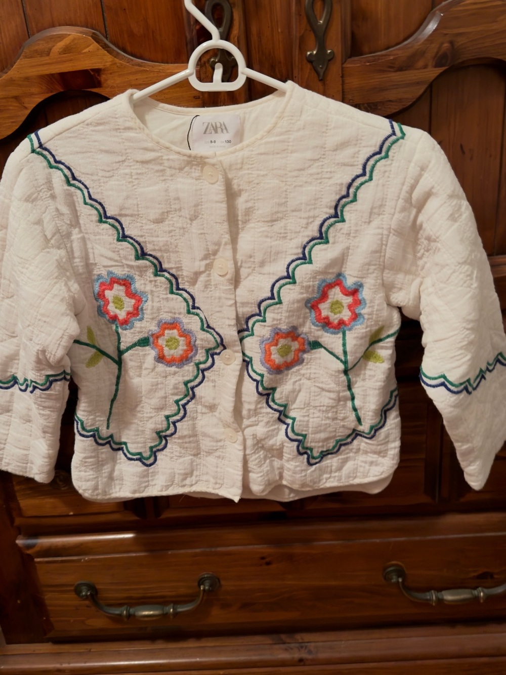 Zara White Quilted Floral Embroidered Jacket